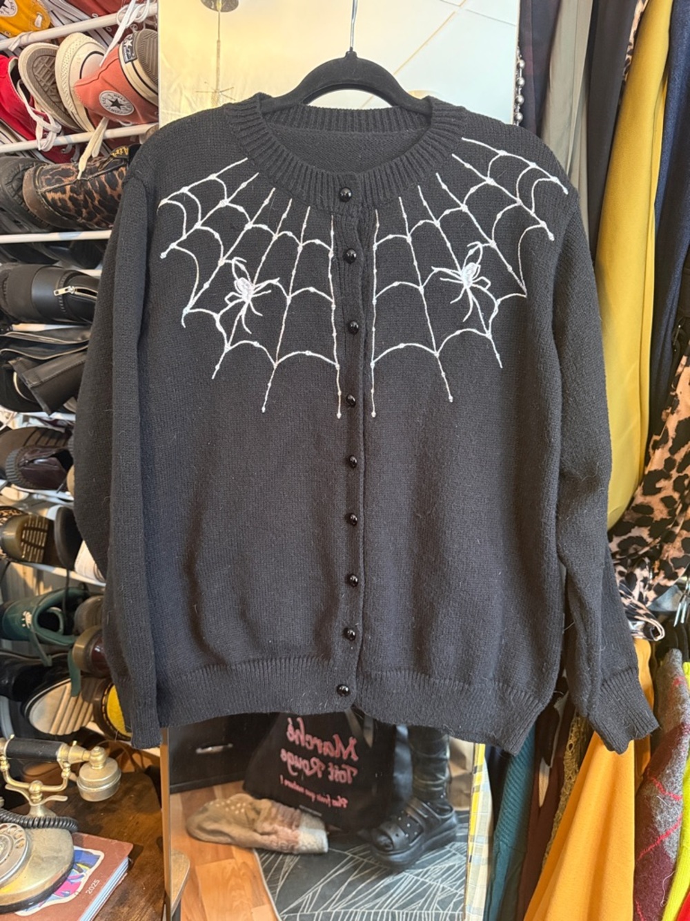 ROMWE Black Cardigan with White Spiderweb Embroidery